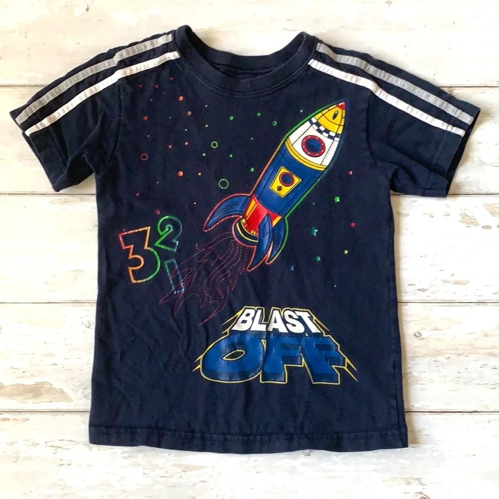 Boys 4T Shirt Navy Blue Rocket Space Ship Short Sleeves Kids Toddler